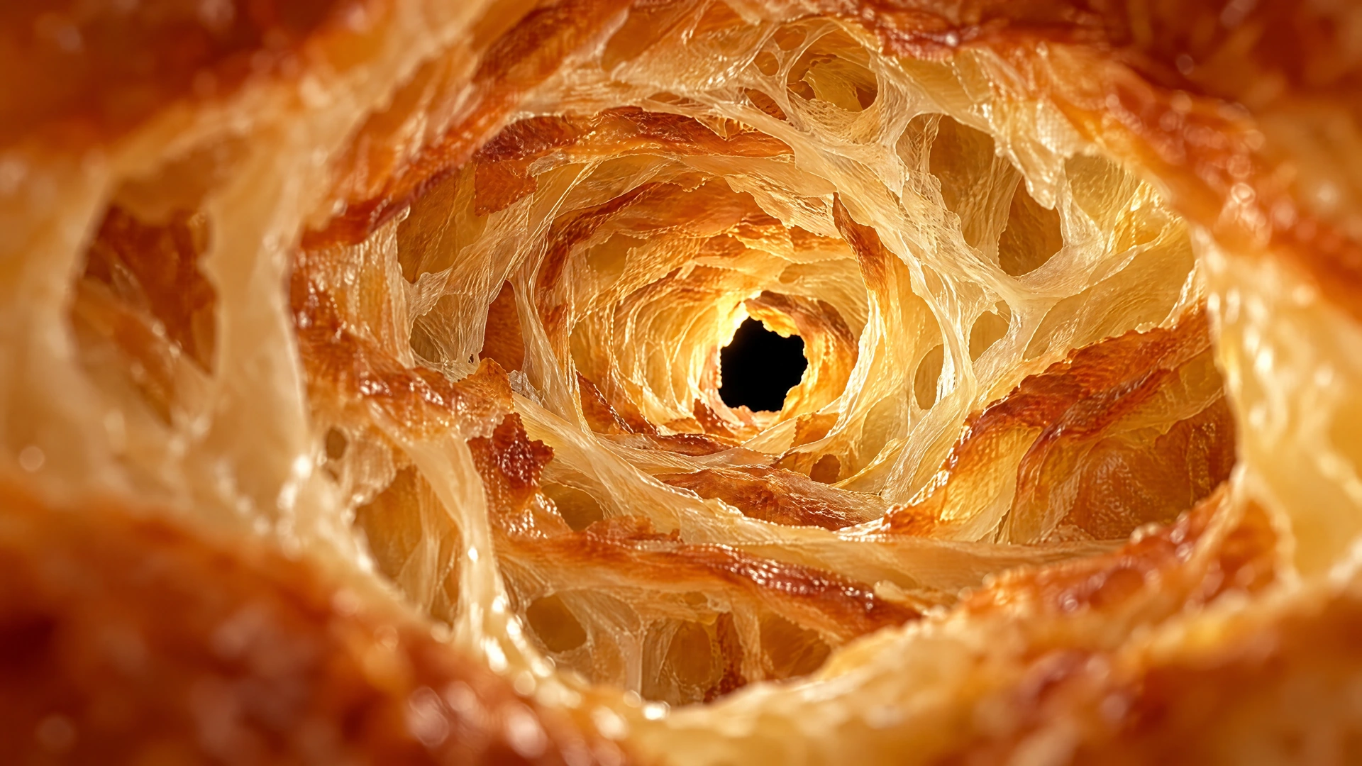 An extreme macro journey through airy golden honeycomb crumb
