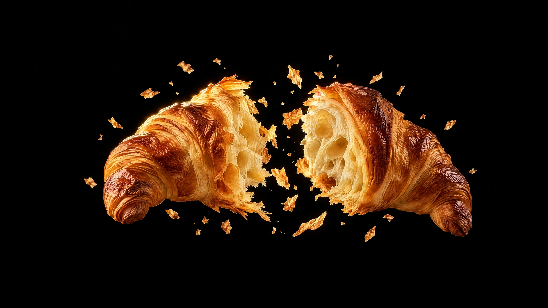 A croissant split open with golden flakes suspended around its honeycomb center