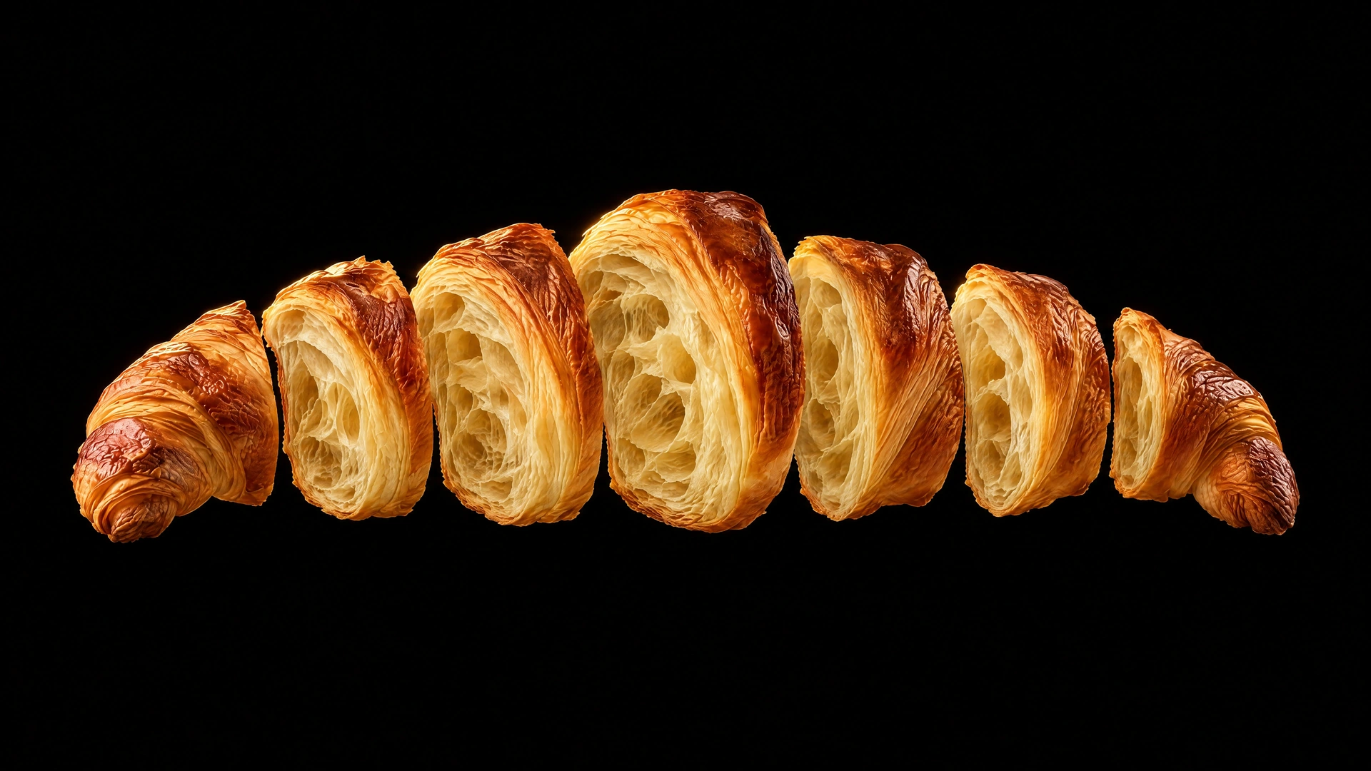 Seven separated cross-sections revealing the croissant's fine internal layers