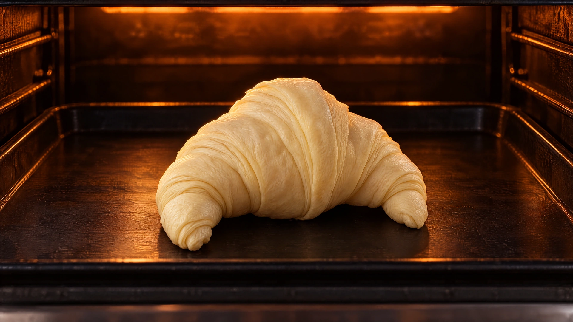 A raw croissant on a dark tray in a warmly glowing deck oven