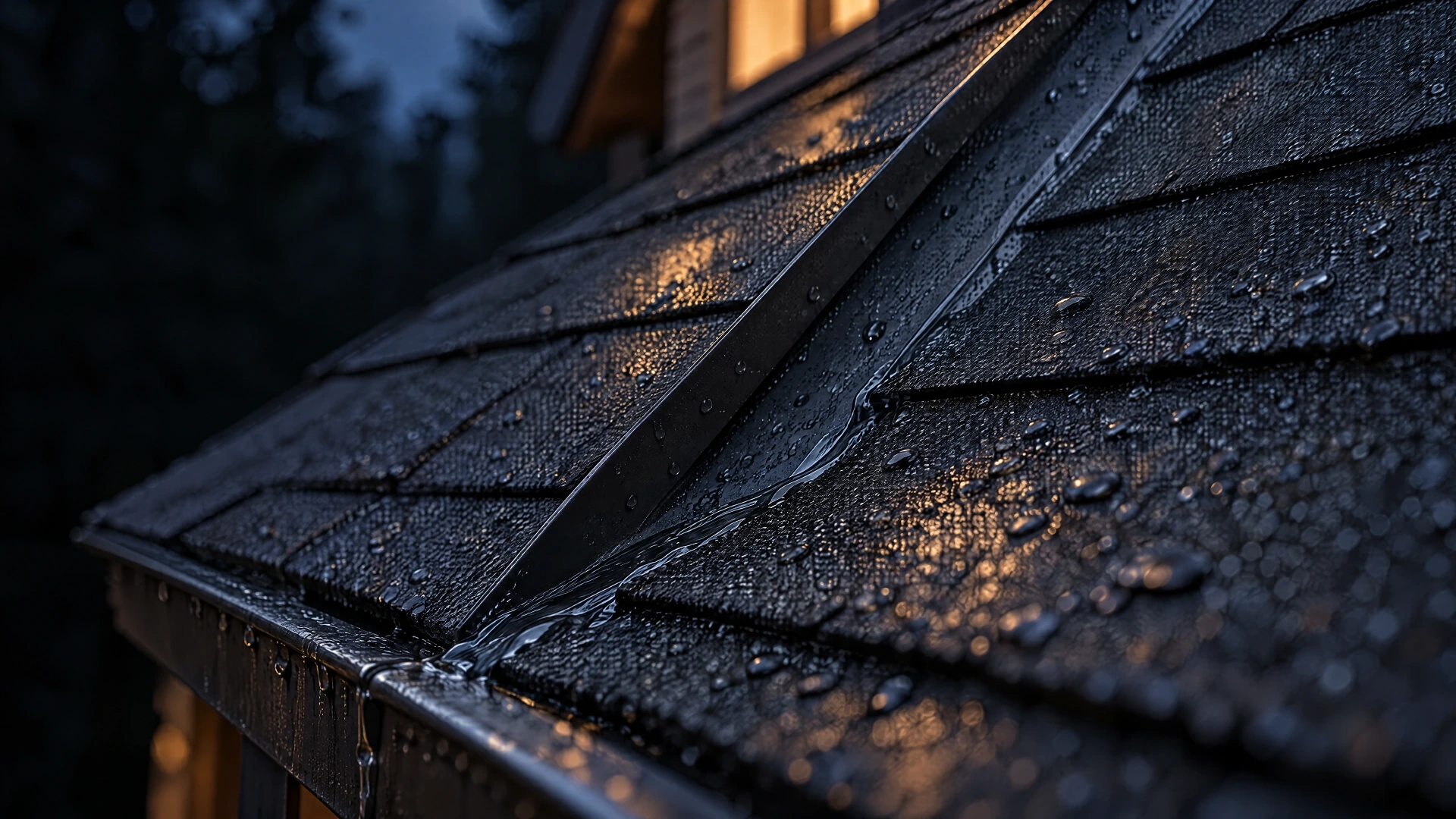 Close-up of rain moving across charcoal roofing shingles and metal flashing