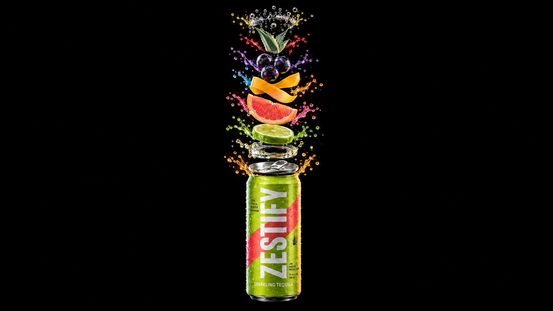 The Zestify can and its colorful flavor ingredients separated into a vertical floating composition